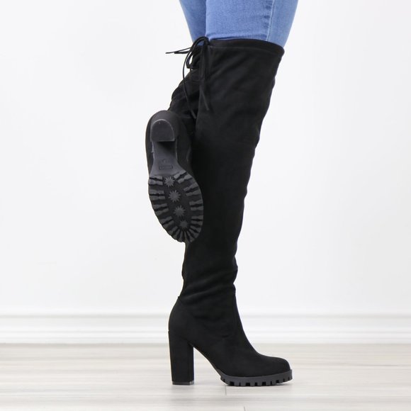 Black Faux Suede Round Toe Thigh High Over The Knee Block Lug High Heel Boots - Picture 8 of 13